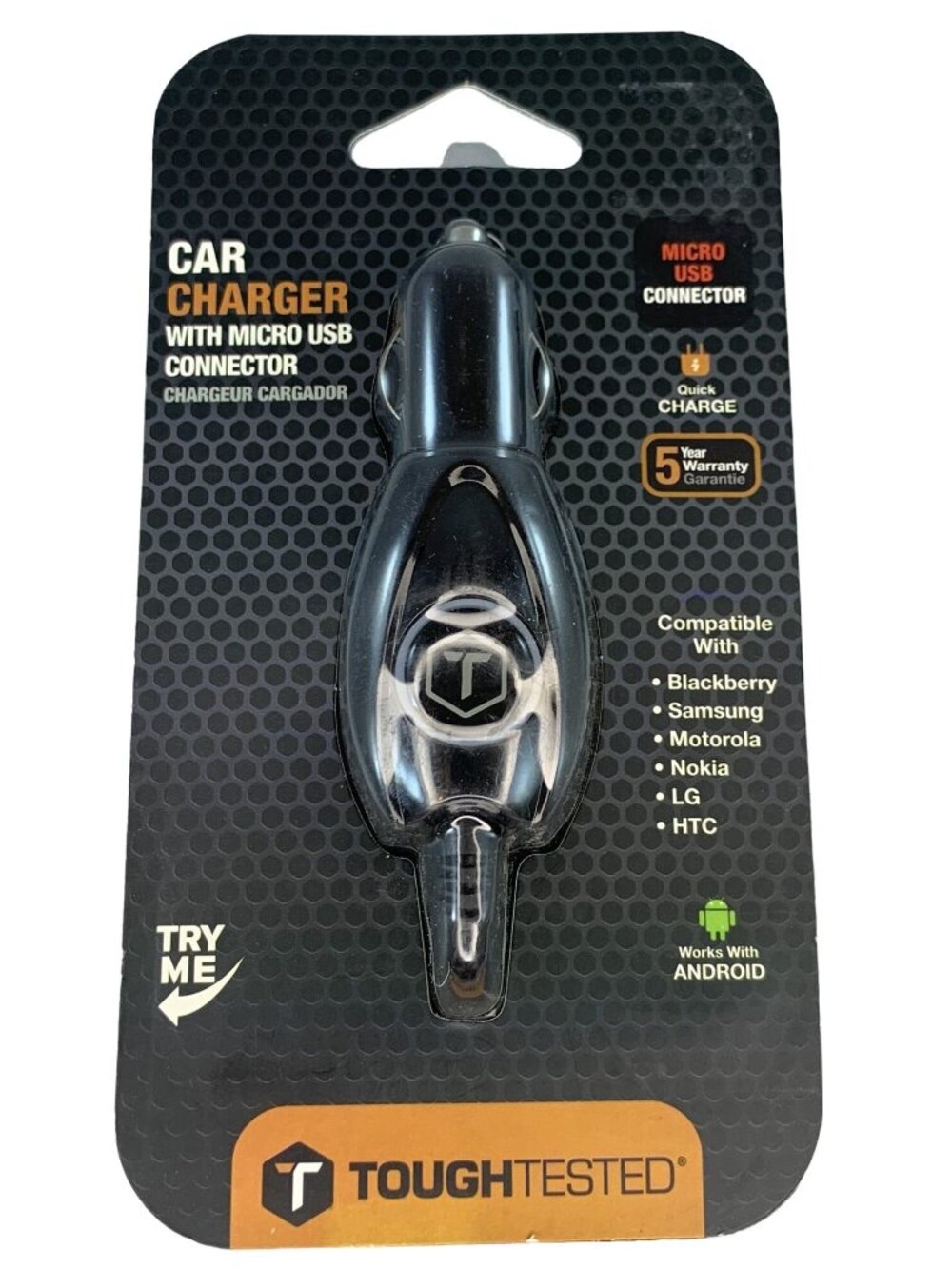 Tough Tested Micro USB Car Charger With Quick Charge and 8 ft Cord NEW